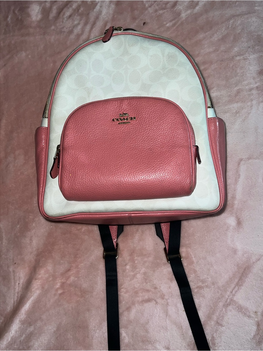 Coach Pink and White Signature Leather Pocket Backpack